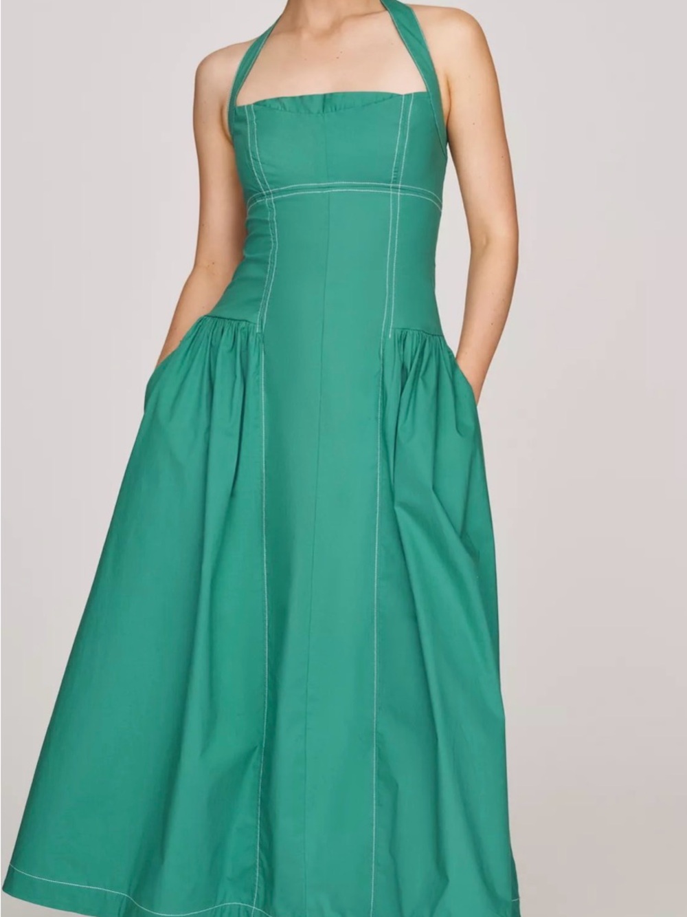 Anthropologie Teal Halter Midi Dress with Contrast Topstitching